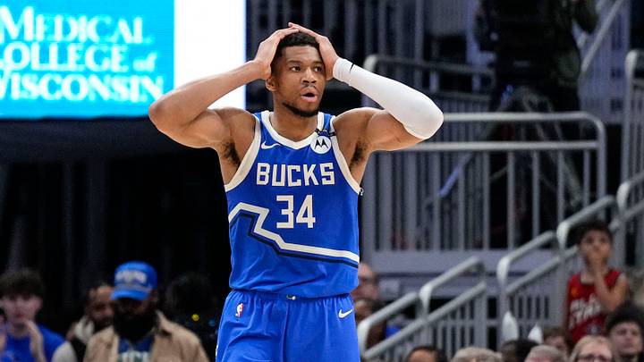 Milwaukee Bucks forward Giannis Antetokounmpo (34) reacts (Mandatory Credit: Jeff Hanisch-Imagn Images)
