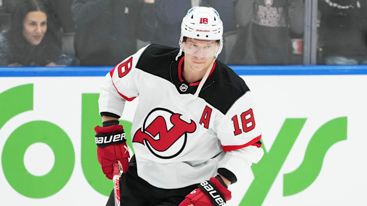 Dec 30, 2025; Toronto, Ontario, CAN; New Jersey Devils left wing Ondrej Palat (18) skates during the warmup before a game against the Toronto Maple Leafs at Scotiabank Arena. Mandatory Credit: Nick Turchiaro-Imagn Images