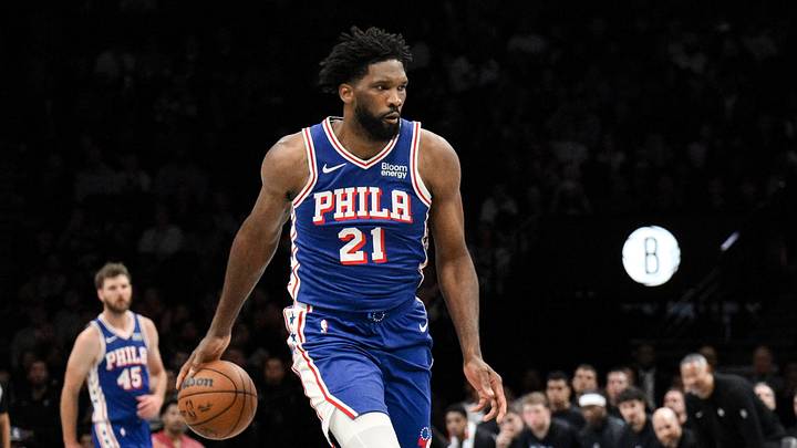 Oct 8, 2026; Brooklyn, New York, USA;  Philadelphia 76ers center Joel Embiid (21) leads a fast break against the Brooklyn Nets during the first half at Barclays Center.  