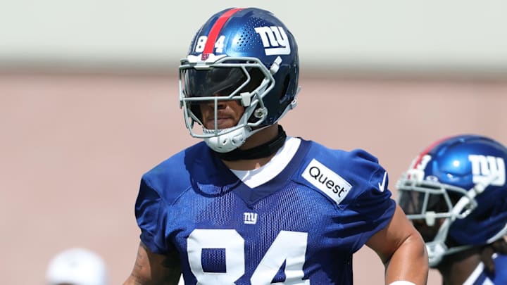 Jul 23, 2025; East Rutherford, NJ, USA; New York Giants tight end Theo Johnson (84) on the field during training camp at Quest Diagnostics Training Center. Mandatory Credit: Vincent Carchietta-Imagn Images