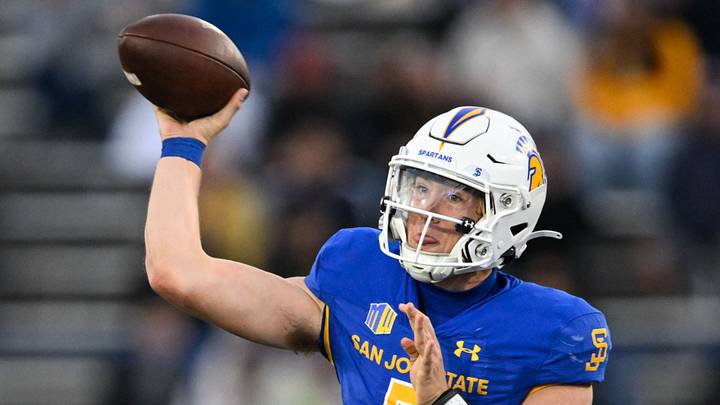 Nov 29, 2024; San Jose, California, USA; San Jose State Spartans quarterback Walker Eget (5) throws against the Stanford Cardinal in the fourth quarter at CEFCU Stadium. Mandatory Credit: Eakin Howard-Imagn Images