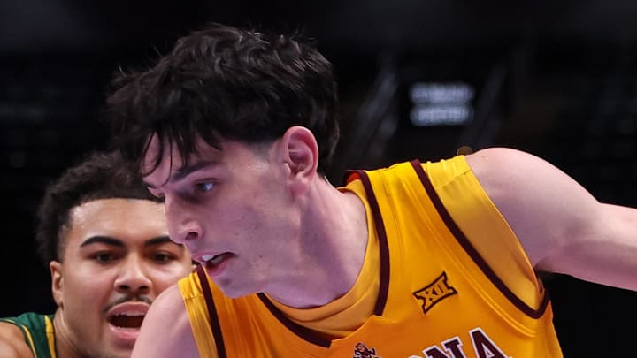 Mar 10, 2026; Kansas City, MO, USA; Arizona State Sun Devils forward Santiago Trouet (1) drives during the first half against the Baylor Bears at T-Mobile Center. Mandatory Credit: William Purnell-Imagn Images