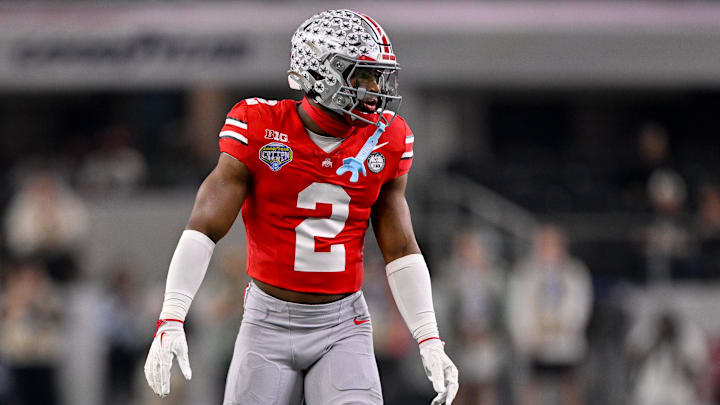 Dec 31, 2025; Arlington, TX, USA; Ohio State Buckeyes safety Caleb Downs (2) gets into position during the 2025 Cotton Bowl and quarterfinal game of the College Football Playoff at AT&T Stadium. 