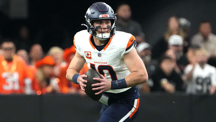 Nov 24, 2024; Paradise, Nevada, USA; Denver Broncos quarterback Bo Nix (10) throws the ball against the Las Vegas Raiders in the first quarter at Allegiant Stadium. Nov 24, 2024; Paradise, Nevada, USA; Denver Broncos quarterback Bo Nix (10) throws the ball against the Las Vegas Raiders in the first quarter at Allegiant Stadium.