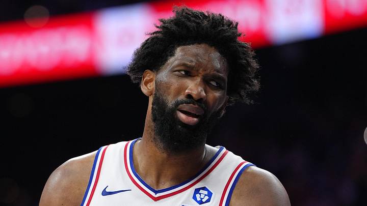 Philadelphia 76ers center Joel Embiid (21) reacts against the New York Knicks in the second quarter during game four of the second round of the 2026 NBA Playoffs at Xfinity Mobile Arena on May 10, 2026. Philadelphia 76ers center Joel Embiid (21) reacts against the New York Knicks in the second quarter during game four of the second round of the 2026 NBA Playoffs at Xfinity Mobile Arena on May 10, 2026.