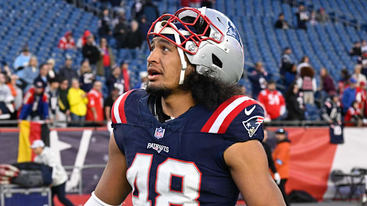 Nov 17, 2024; Foxborough, Massachusetts, USA; New England Patriots linebacker Jahlani Tavai (48) leaves the field after a game against the Los Angeles Rams at Gillette Stadium. Mandatory Credit: Eric Canha-Imagn Images