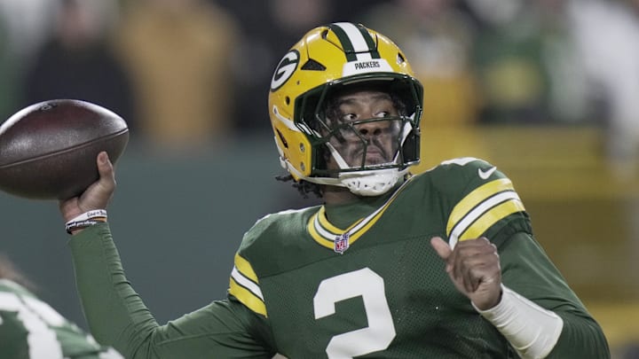 Dec 27, 2025; Green Bay, Wisconsin, USA; Green Bay Packers quarterback Malik Willis (2) throws  during the third quarter of their game against the Baltimore Ravens at Lambeau Field. Mandatory Credit: Mark Hoffman/Milwaukee Journal Sentinel via Imagn Images