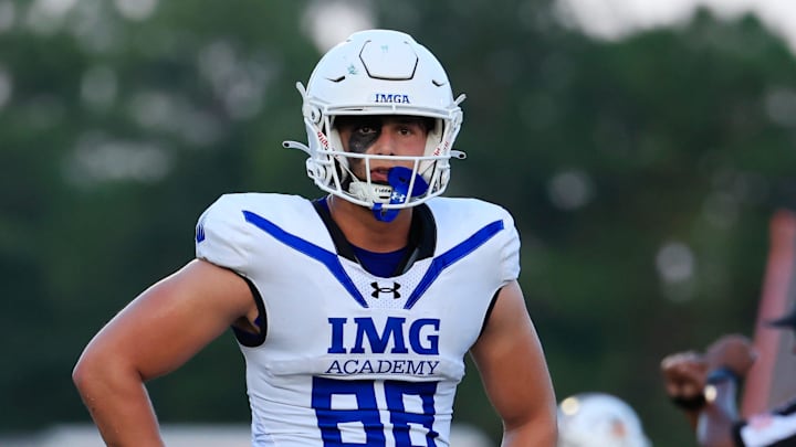 IMG Academy's Jake Kreul (88) looks on during the first quarter of a high school football matchup at Mandarin High School, Friday, Sept. 19, 2025, in Jacksonville, Fla. The IMG Academy Ascenders defeated the Mandarin Mustangs 55-7.