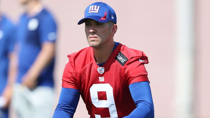 Jul 23, 2025; East Rutherford, NJ, USA; New York Giants place kicker Graham Gano (9) on the field during training camp at Quest Diagnostics Training Center.  