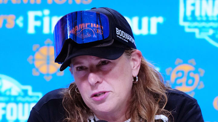 Apr 5, 2026; Phoenix, AZ, USA; UCLA Bruins head coach Cori Close speaks in a press conference after defeating the South Carolina Gamecocks during the National Championship game of the women's 2026 NCAA Tournament at Mortgage Matchup Center. Mandatory Credit: Kirby Lee-Imagn Images