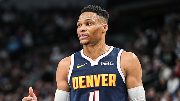 Jan 25, 2025; Minneapolis, Minnesota, USA; Denver Nuggets guard Russell Westbrook (4) reacts during the third quarter against the Minnesota Timberwolves at Target Center. Mandatory Credit: Jeffrey Becker-Imagn Images Jan 25, 2025; Minneapolis, Minnesota, USA; Denver Nuggets guard Russell Westbrook (4) reacts during the third quarter against the Minnesota Timberwolves at Target Center. Mandatory Credit: Jeffrey Becker-Imagn Images
