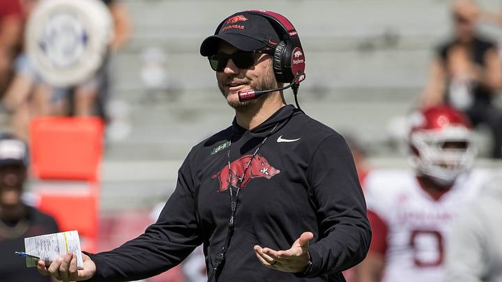 Arkansas Razorbacks head coach Ryan Silverfield looks over to the sidelines during the spring game at Donald W. Reynolds Razorback Stadium. Arkansas Razorbacks head coach Ryan Silverfield looks over to the sidelines during the spring game at Donald W. Reynolds Razorback Stadium.