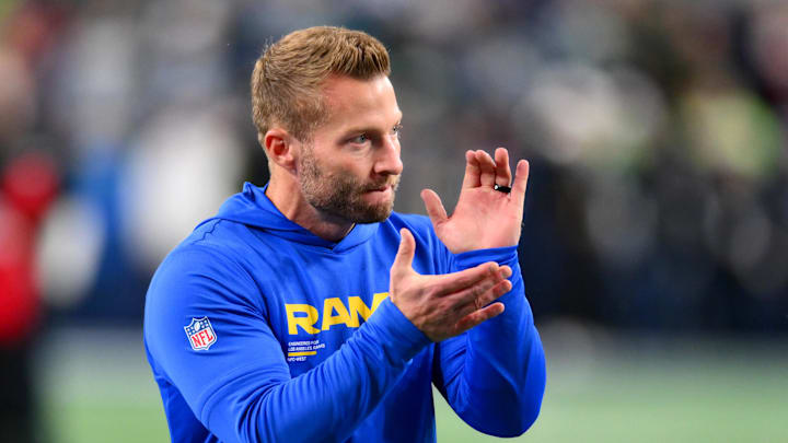 Dec 18, 2025; Seattle, Washington, USA; Los Angeles Rams head coach Sean McVay looks on before the game against the Seattle Seahawks at Lumen Field. Mandatory Credit: Steven Bisig-Imagn Images
