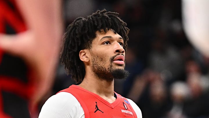 Apr 9, 2025; Salt Lake City, Utah, USA;  Portland Trail Blazers guard Shaedon Sharpe (17) shoots a free throw in the second half against the Utah Jazz at Delta Center. Mandatory Credit: Jamie Sabau-Imagn Images