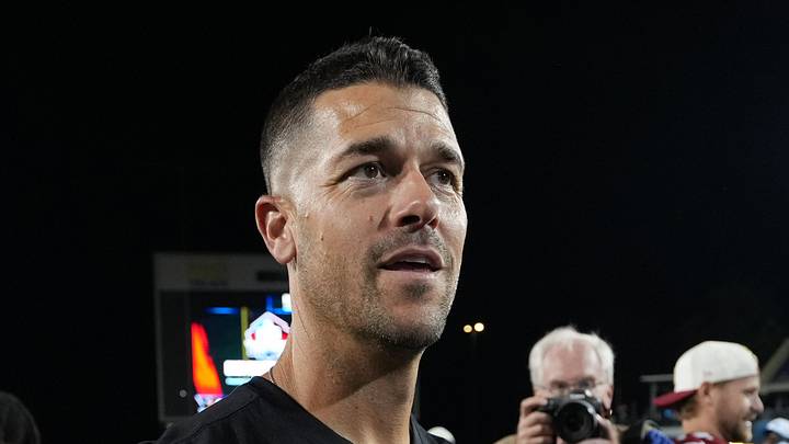 Aug 6, 2026; Canton, Ohio, USA; Carolina Panthers head coach Dave Canales reacts after the game against the Arizona Cardinals at Tom Benson Hall of Fame Stadium. Mandatory Credit: Kirby Lee-Imagn Images