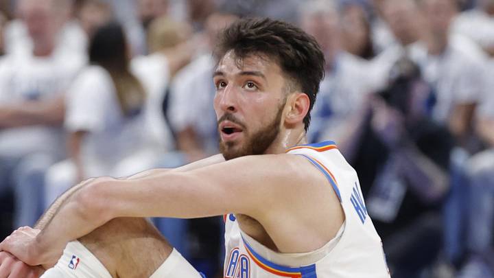 May 26, 2026; Oklahoma City, Oklahoma, USA; Oklahoma City Thunder center Chet Holmgren (7) reacts after a play during the third quarter against the San Antonio Spurs in game five of the western conference finals for the 2026 NBA playoffs at Paycom Center. Mandatory Credit: Alonzo Adams-Imagn Images