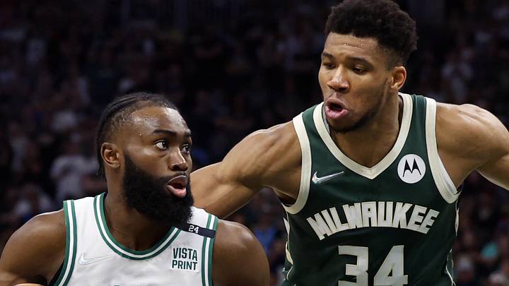 May 13, 2022; Milwaukee, Wisconsin, USA; Boston Celtics guard Jaylen Brown (7) drives for the basket around Milwaukee Bucks forward Giannis Antetokounmpo (34) during the fourth quarter during game six of the second round for the 2022 NBA playoffs at Fiserv Forum. Mandatory Credit: Jeff Hanisch-Imagn Images May 13, 2022; Milwaukee, Wisconsin, USA; Boston Celtics guard Jaylen Brown (7) drives for the basket around Milwaukee Bucks forward Giannis Antetokounmpo (34) during the fourth quarter during game six of the second round for the 2022 NBA playoffs at Fiserv Forum. Mandatory Credit: Jeff Hanisch-Imagn Images
