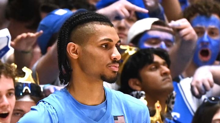 Mar 7, 2026; Durham, North Carolina, USA; North Carolina Tar Heels forward Jarin Stevenson (15) is harassed by Duke Blue Devils fans as he attempts to inbound the ball during the second half at Cameron Indoor Stadium.  The Duke Blue Devils won 76-61. Mandatory Credit: Rob Kinnan-Imagn Images