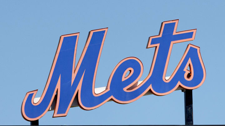 Mar 26, 2022; Port St. Lucie, Florida, USA;  The New York Mets logo stands in center field before the game against the Washington Nationals at Clover Park. Mandatory Credit: Reinhold Matay-Imagn Images
