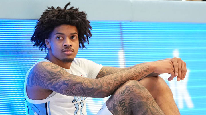 Feb 2, 2026; Chapel Hill, North Carolina, USA; North Carolina Tar Heels forward Jonathan Powell (11) waits to come into the game in the first half at Dean E. Smith Center. Mandatory Credit: Bob Donnan-Imagn Images