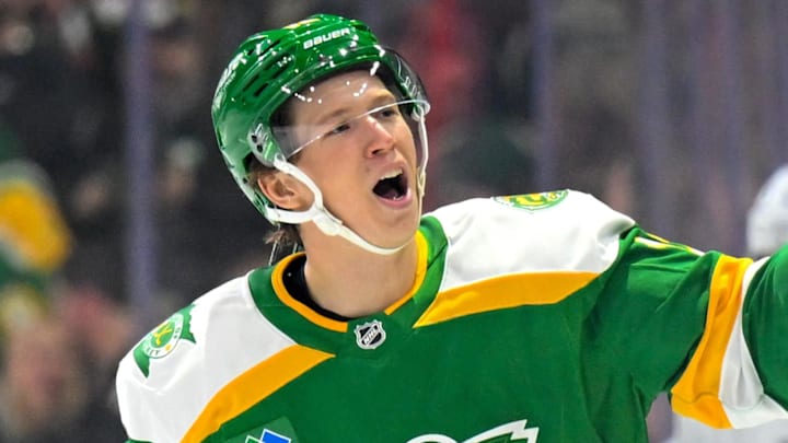 Apr 2, 2026; Saint Paul, Minnesota, USA;  Minnesota Wild forward Matt Boldy (12) celebrates his goal against the Vancouver Canucks during the first period at Grand Casino Arena. Mandatory Credit: Nick Wosika-Imagn Images