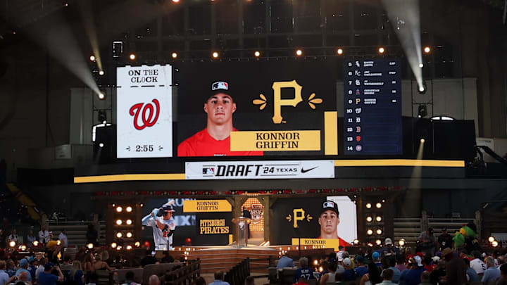 Jul 14, 2024; Ft. Worth, TX, USA; The Pittsburgh Pirates draft Konnor Griffin with the ninth pick during the first round of the MLB Draft at Cowtown Coliseum. Mandatory Credit: Kevin Jairaj-Imagn Images