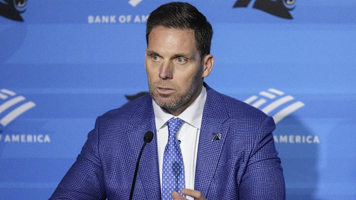 Feb 1, 2024; Charlotte, NC, USA; Carolina Panthers general manager Dan Morgan speaks to the media during the introductory press conference for new  head coach Dave Canales at Bank of America Stadium. Mandatory Credit: Jim Dedmon-Imagn Images