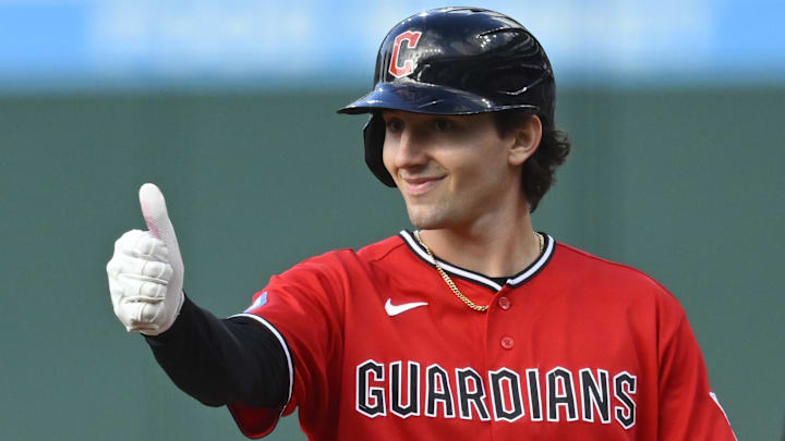Apr 28, 2026; Cleveland, Ohio, USA; Cleveland Guardians designated hitter Chase DeLauter (24) celebrates his single in the first inning against the Tampa Bay Rays at Progressive Field. Mandatory Credit: David Richard-Imagn Images