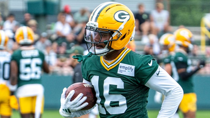 Green Bay Packers cornerback Bo Melton runs through a drill during the second day of training camp on July 24.