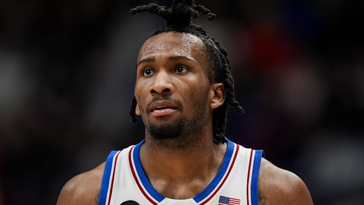 Jan 24, 2026; Columbia, Missouri, USA; Kansas Jayhawks guard Darryn Peterson (22) reacts during the first half against the BYU Cougars at Mizzou Arena. Mandatory Credit: Jay Biggerstaff-Imagn Images