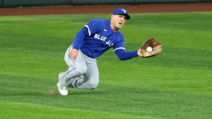 May 27, 2025; Arlington, Texas, USA; Toronto Blue Jays center fielder Daulton Varsho (5) makes a diving catch during the third inning against the Texas Rangers at Globe Life Field. 