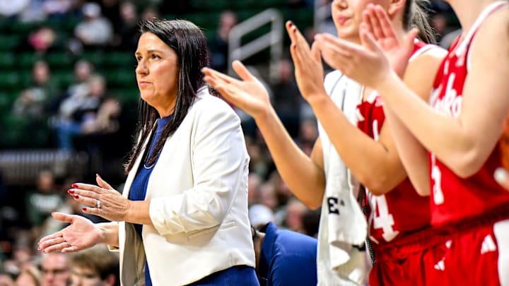 Nebraska's head coach Amy Williams claps after a play during the second quarter in the game against Michigan State on Thursday, Jan. 15, 2026, in East Lansing.
