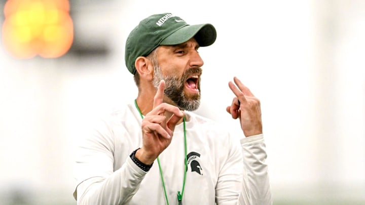 Michigan State's defensive coordinator Joe Rossi gives instructions while working with linebackers during camp on Monday, Aug. 5, 2024, at the indoor practice facility in East Lansing. Michigan State's defensive coordinator Joe Rossi gives instructions while working with linebackers during camp on Monday, Aug. 5, 2024, at the indoor practice facility in East Lansing.