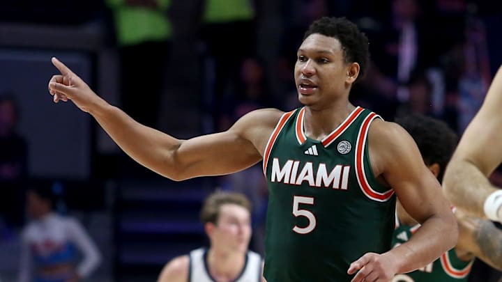 Dec 2, 2025; Oxford, Mississippi, USA; Miami Hurricanes forward Malik Reneau (5) reacts during the second half against the Mississippi Rebels at The Sandy and John Black Pavilion at Ole Miss. Mandatory Credit: Petre Thomas-Imagn Images
