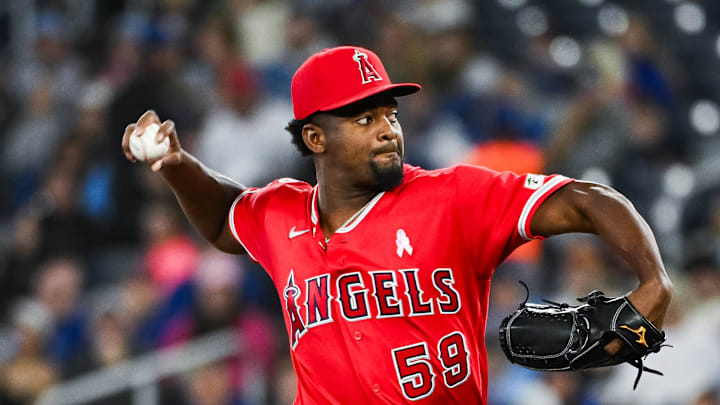 May 10, 2026; Toronto, Ontario, CAN; Los Angeles Angels starting pitcher Jose Soriano (59) throws a pitch against the Toronto Blue Jays in the first inning at Rogers Centre. Mandatory Credit: David Kirouac-Imagn Images