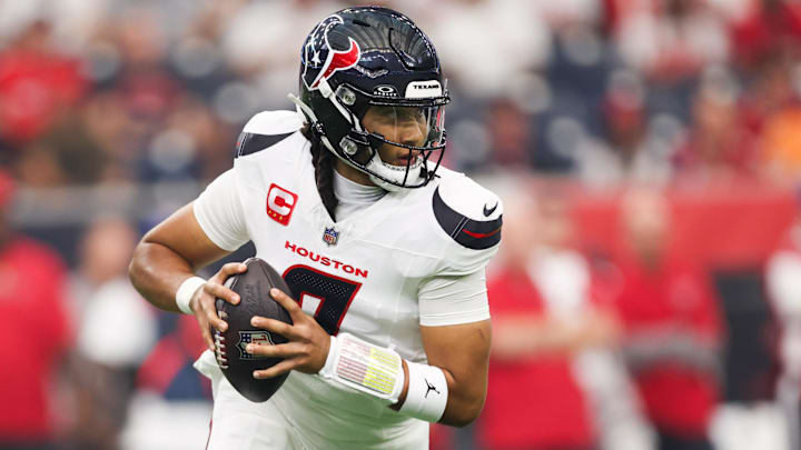  Houston Texans quarterback C.J. Stroud (7) drops back to pass during the first quarter against the Tampa Bay Buccaneers at NRG Stadium.