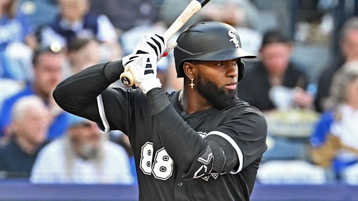Chicago White Sox center fielder Luis Robert Jr. (88) hits against the Kansas City Royals at Kauffman Stadium. 