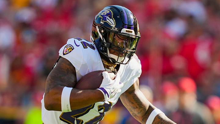 Baltimore Ravens running back Derrick Henry (22) runs the ball during the first half against the Kansas City Chiefs at GEHA Field at Arrowhead Stadium. Baltimore Ravens running back Derrick Henry (22) runs the ball during the first half against the Kansas City Chiefs at GEHA Field at Arrowhead Stadium.