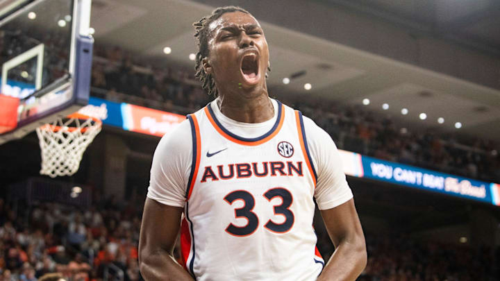 Auburn Tigers forward Sebastian Williams-Adams (33) celebrates an and-one play as the Auburn Tigers take on Bethune-Cookman Wildcats at Neville Arena in Auburn, Ala. on Monday, Nov. 3, 2025. Auburn Tigers defeated Bethune-Cookman Wildcats 95-90.