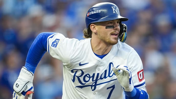 Oct 9, 2024; Kansas City, Missouri, USA; Kansas City Royals shortstop Bobby Witt Jr. (7) runs to first base during the first inning against the New York Yankees in game three of the ALDS for the 2024 MLB Playoffs at Kauffman Stadium. Mandatory Credit: Jay Biggerstaff-Imagn Images