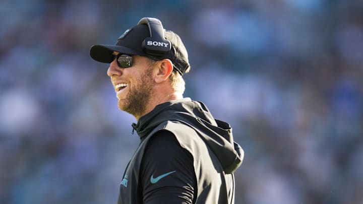 Nov 16, 2025; Jacksonville, Florida, USA; Jacksonville Jaguars head coach Liam Coen reacts to a play against the Los Angeles Chargers d31 at EverBank Stadium. Mandatory Credit: Morgan Tencza-Imagn Images