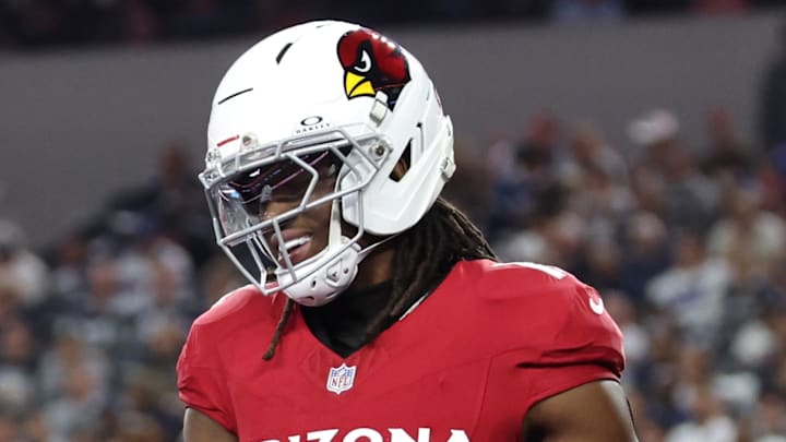 Nov 3, 2025; Arlington, Texas, USA; Arizona Cardinals wide receiver Marvin Harrison Jr. (18) celebrates with tight end Elijah Higgins (84) after scoring a touchdown against the Dallas Cowboys in the first half at AT&T Stadium. Mandatory Credit: Kevin Jairaj-Imagn Images Nov 3, 2025; Arlington, Texas, USA; Arizona Cardinals wide receiver Marvin Harrison Jr. (18) celebrates with tight end Elijah Higgins (84) after scoring a touchdown against the Dallas Cowboys in the first half at AT&T Stadium. Mandatory Credit: Kevin Jairaj-Imagn Images