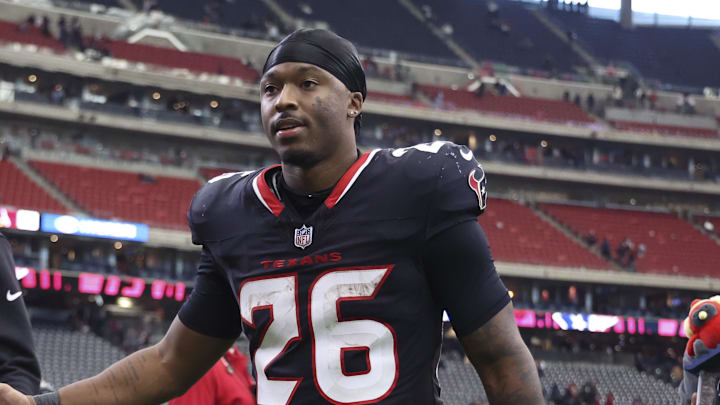 Dec 14, 2025; Houston, Texas, USA; Houston Texans running back Jawhar Jordan (26) walks off the field after the game against the Arizona Cardinals at NRG Stadium. Mandatory Credit: Troy Taormina-Imagn Images