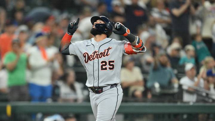 Aug 4, 2026; Seattle, Washington, USA; Detroit Tigers second baseman Gleyber Torres (25) runs the bases after hitting a 2-run home run against the Seattle Mariners during the ninth inning at T-Mobile Park. Mandatory Credit: Steven Bisig-Imagn Images