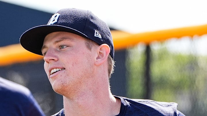 Detroit Tigers prospect Troy Melton practices during spring training at TigerTown in Lakeland on Friday, Feb. 20, 2025.
