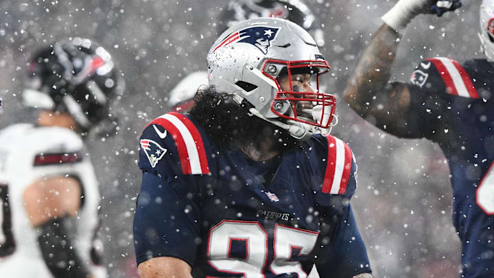 Jan 18, 2026; Foxborough, MA, USA; New England Patriots defensive lineman Khyiris Tonga (95) reacts after a sack in the fourth quarter against the Houston Texans in an AFC Divisional Round game at Gillette Stadium. Mandatory Credit: Brian Fluharty-Imagn Images Jan 18, 2026; Foxborough, MA, USA; New England Patriots defensive lineman Khyiris Tonga (95) reacts after a sack in the fourth quarter against the Houston Texans in an AFC Divisional Round game at Gillette Stadium. Mandatory Credit: Brian Fluharty-Imagn Images