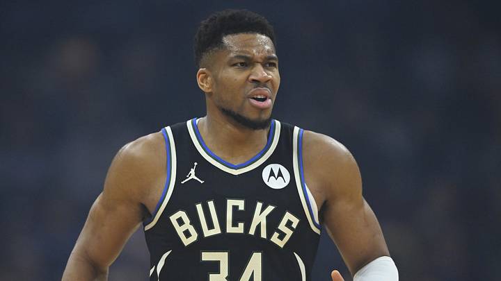 Nov 17, 2025; Cleveland, Ohio, USA; Milwaukee Bucks forward Giannis Antetokounmpo (34) reacts in the first quarter against the Cleveland Cavaliers at Rocket Arena. Mandatory Credit: David Richard-Imagn Images Nov 17, 2025; Cleveland, Ohio, USA; Milwaukee Bucks forward Giannis Antetokounmpo (34) reacts in the first quarter against the Cleveland Cavaliers at Rocket Arena. Mandatory Credit: David Richard-Imagn Images