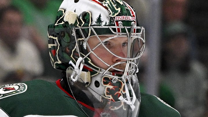 Apr 9, 2026; Dallas, Texas, USA; Minnesota Wild goaltender Filip Gustavsson (32) faces the Dallas Stars attack during the game between the Stars and the Wild at American Airlines Center. Mandatory Credit: Jerome Miron-Imagn Images