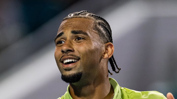 Arthur Fils of France reacts after a match