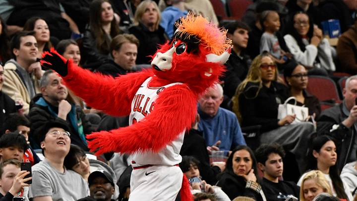 Apr 10, 2026; Chicago, Illinois, USA;  Chicago Bulls mascot Benny the Bull with fans during the second half at the United Center. Mandatory Credit: Matt Marton-Imagn Images